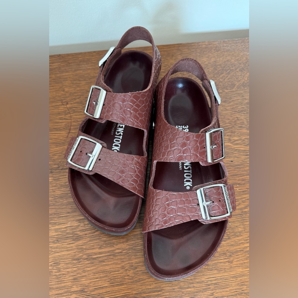 Birkenstock Red Sandals with Silver Buckles